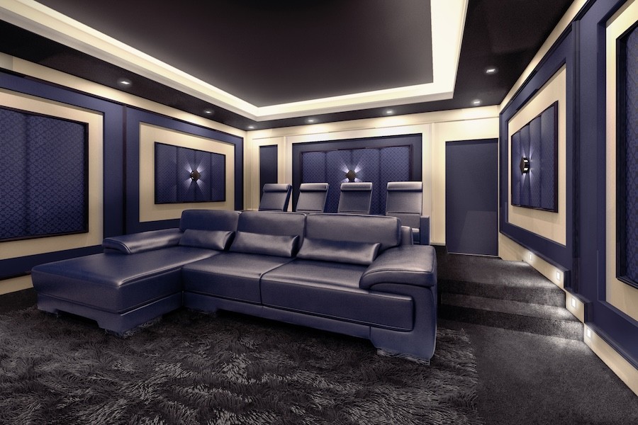 A home theater space with acoustic wall panels.